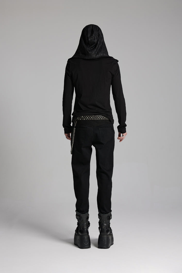 Black V Collar Long Sleeves Hooded Overlaping Mesh Men's Punk T-Shirt - Product - 6