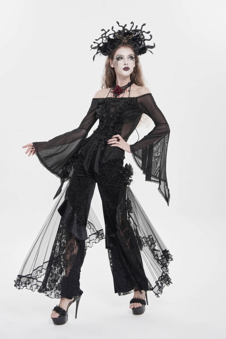 Black Embroidered Lace Women's Printed Mesh Floral Gothic Pants - Product - 5
