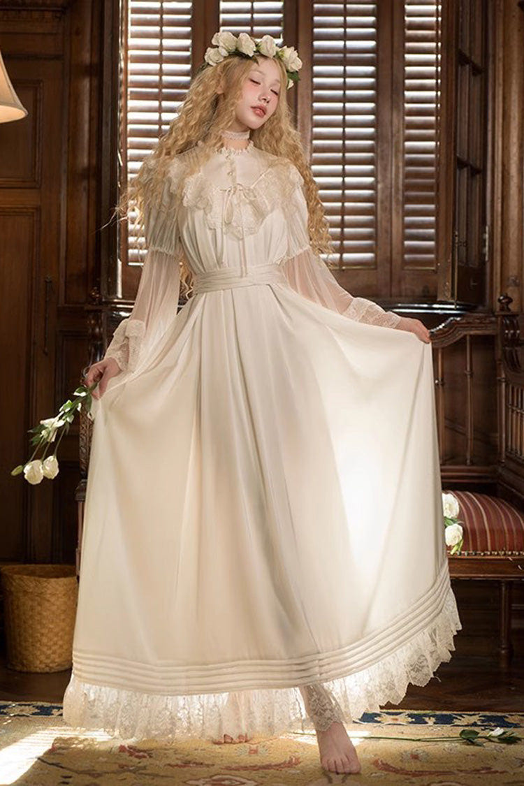 White Long Trumpet Sleeves Ruffle Lace Sweet Elegant Princess Lolita Dress - Product - 3