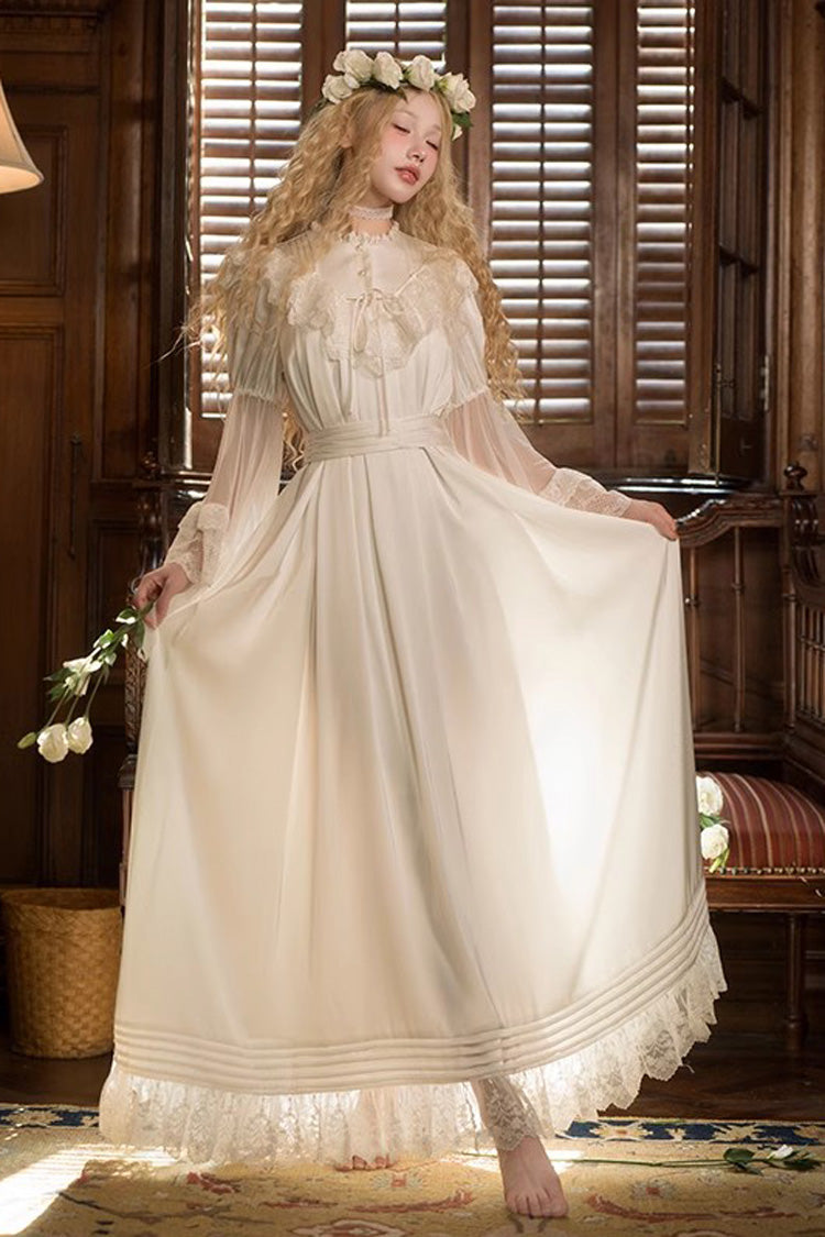 White Long Trumpet Sleeves Ruffle Lace Sweet Elegant Princess (Dress Only) detail view 3