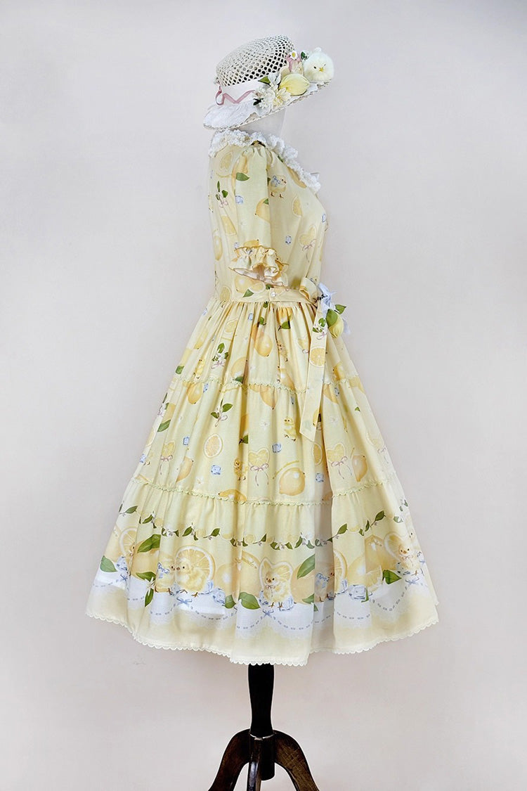Yellow Lemon Chicken Short Sleeves Print Ruffle Bowknot Lace Daily Sweet (Dress Only) detail view 8