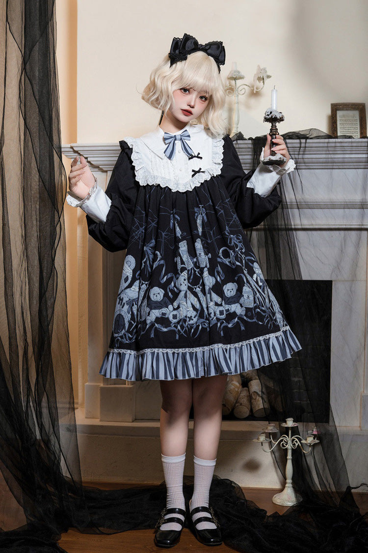 Black Long Sleeves Bear Printed Ruffled Bow Elegant Plus Size Gothic Lolita Dress - Black - 1