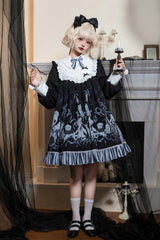 Black Long Sleeves Bear Printed Ruffled Bow Elegant Plus Size Gothic Lolita Dress - Black - 1