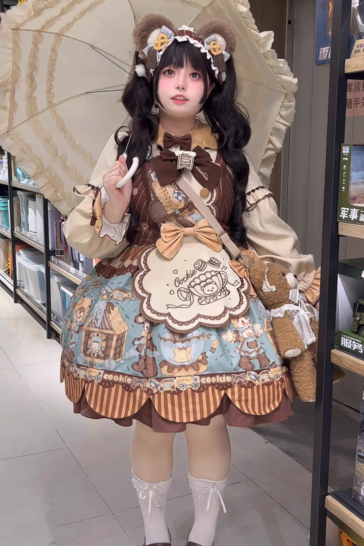 [Bear Cookie] Sleeveless Print Bowknot Sweet Lolita Jsk Dress Set 2 Colors - Product - 12