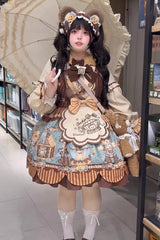 [Bear Cookie] Sleeveless Print Bowknot Sweet Lolita Jsk Dress Set 2 Colors - Product - 12