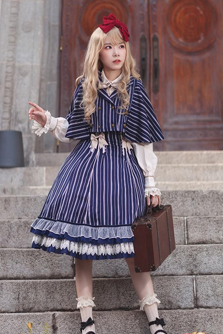 Blue Multi-layer Stripe Print Ruffle Sweet Lolita Jsk Dress - Product - 4