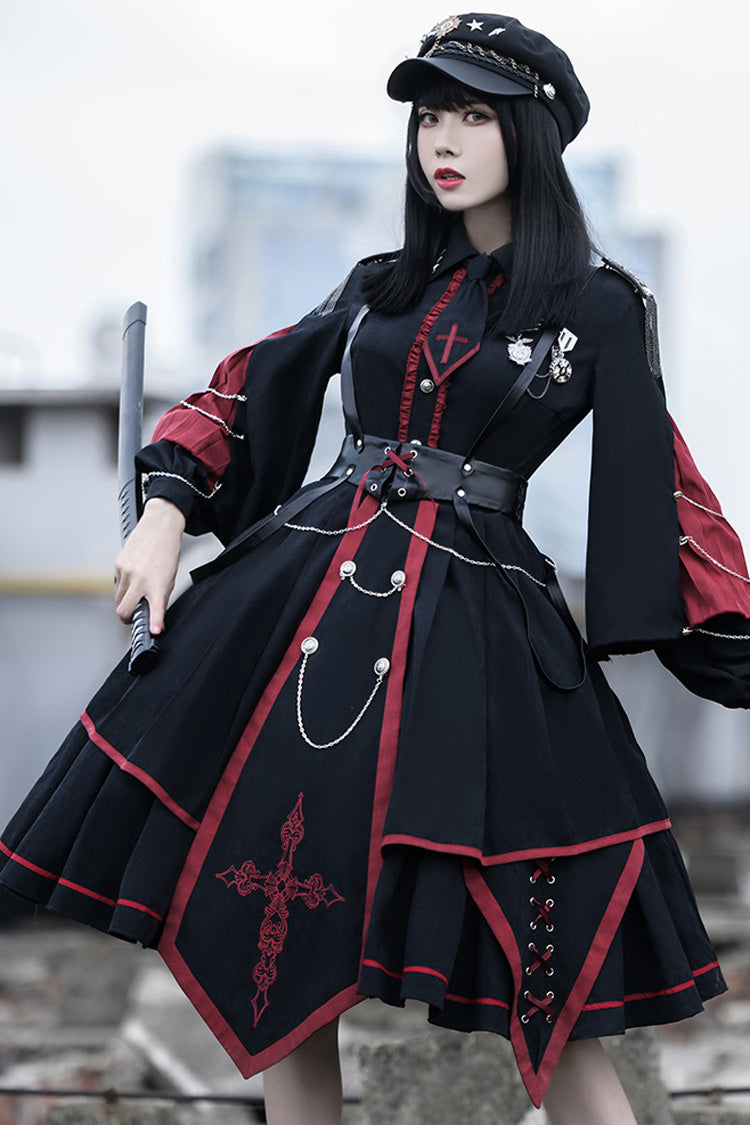 Black/Red Long Sleeves Punisher Military Irregular Gothic Lolita Dress Full Set - Product - 2