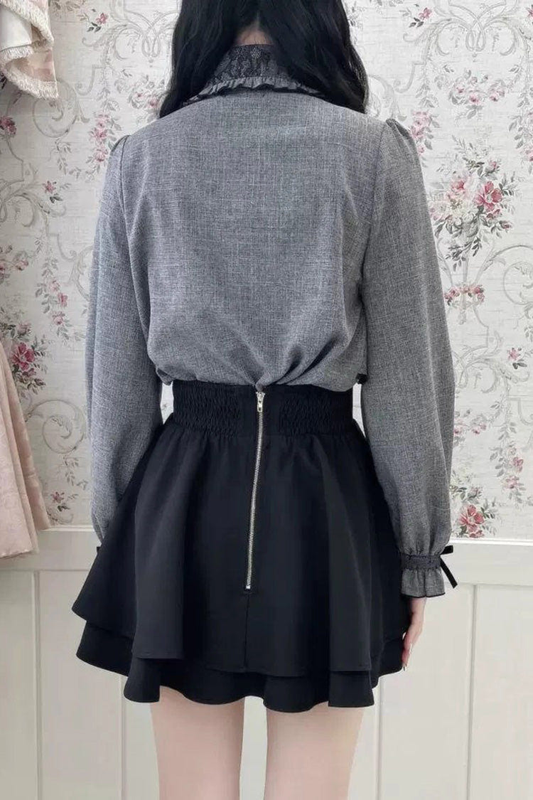 Grey Lapel Collar Long Sleeves Bowknot Sweet Japanese Jirai Kei Blouse Coat - Product - 7