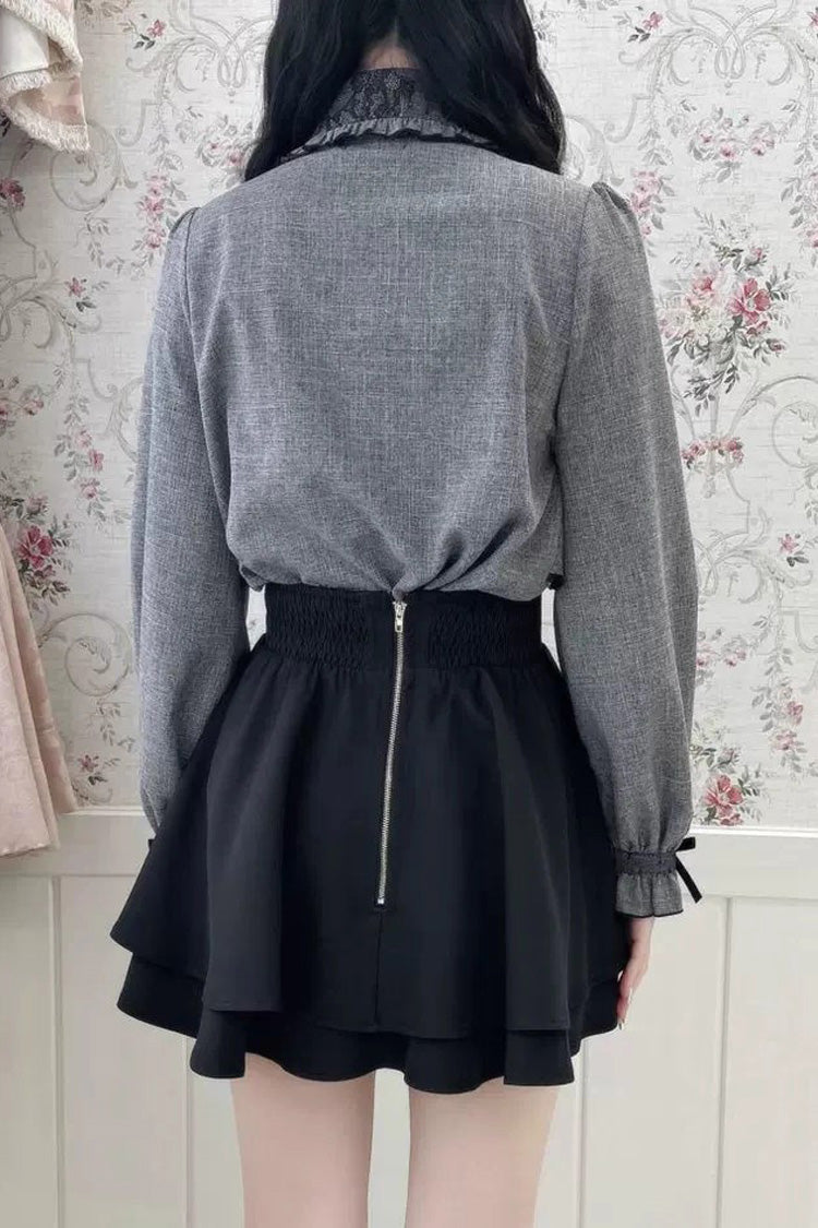 Grey Lapel Collar Long Sleeves Bowknot Sweet Japanese Jirai Kei Blouse Coat - Product - 7