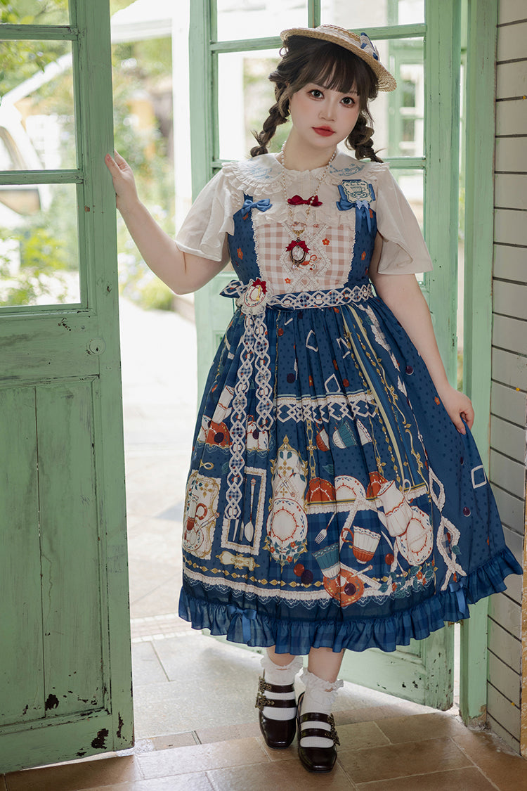 Dark Blue [Tea Party] Print Ruffle Bowknot Lace Sweet Elegant Lolita Jsk Dress - Product - 2