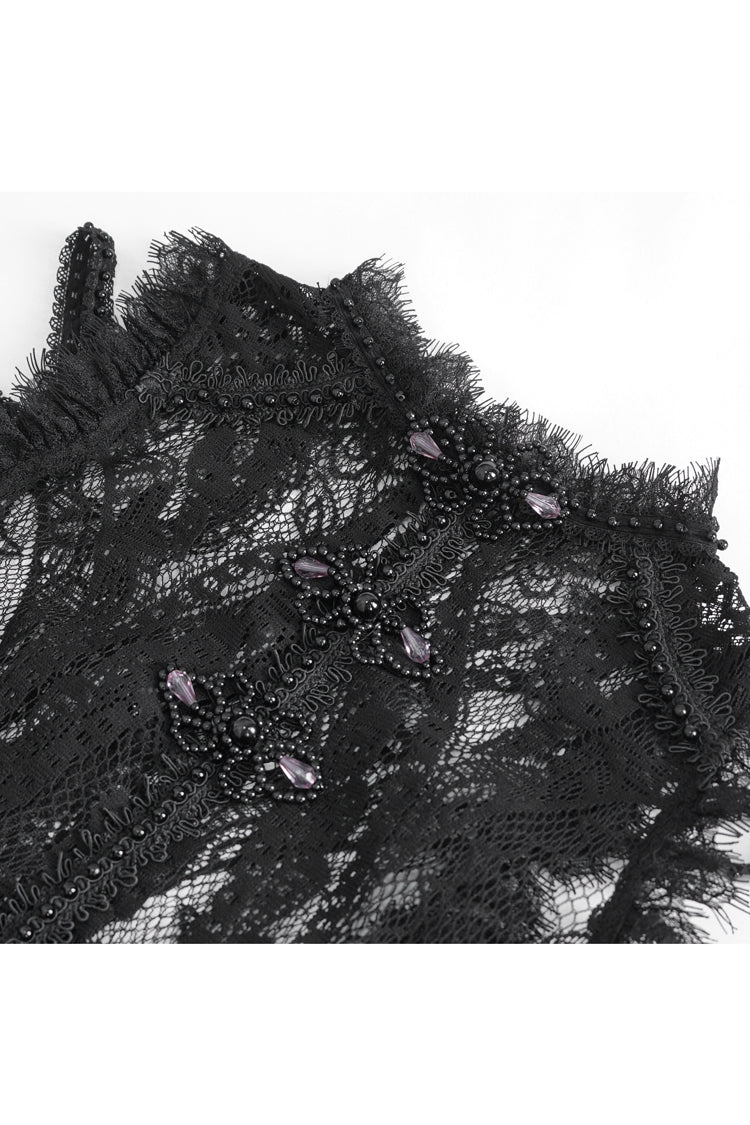 Black Round Collar Embroidery Lace Womens Gothic T-Shirt - Product - 10