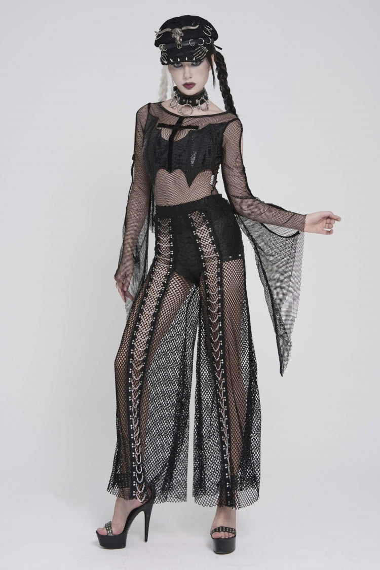 Black Round Collar Long Sleeves Cut-Out Sheer Eyelet Women's Punk Bat Cross Mesh T-Shirt - Product - 7