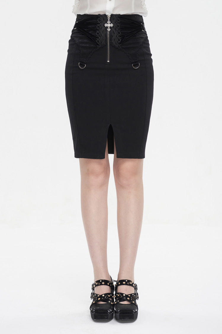Black Lace Up Floral Embroidered Women's Gothic Split Skirt - Black - 1