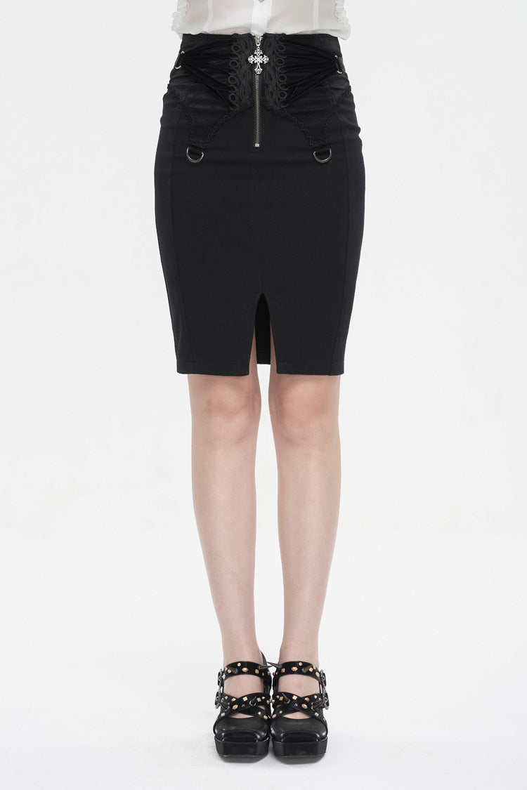 Black Lace Up Floral Embroidered Women's Gothic Split Skirt - Black - 1