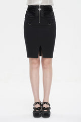 Black Lace Up Floral Embroidered Women's Gothic Split Skirt - Black - 1