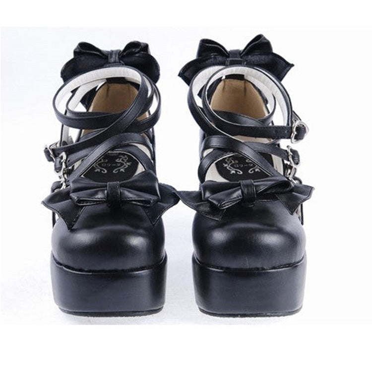 Black Synthetic Leather Cross Straps Bow Lolita Shoes - Product - 6