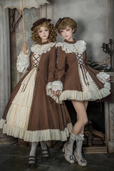 Brown/Beige [Nutcracker] Stand Collar Long Trumpet Sleeves Ruffle Cardigan Bowknot Lace-Up Sweet Lolita Dress Set 2 Versions - Product - 9
