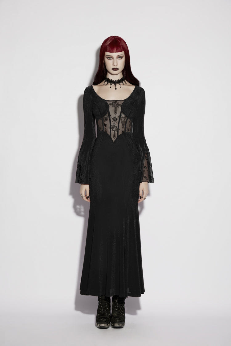 Black Round Collar Long Trumpet Sleeves Spliced Lace Lace-Up Slim Mesh Eyelet Women's Gothic Gorgeous Dress Graduation Dress - Product - 2
