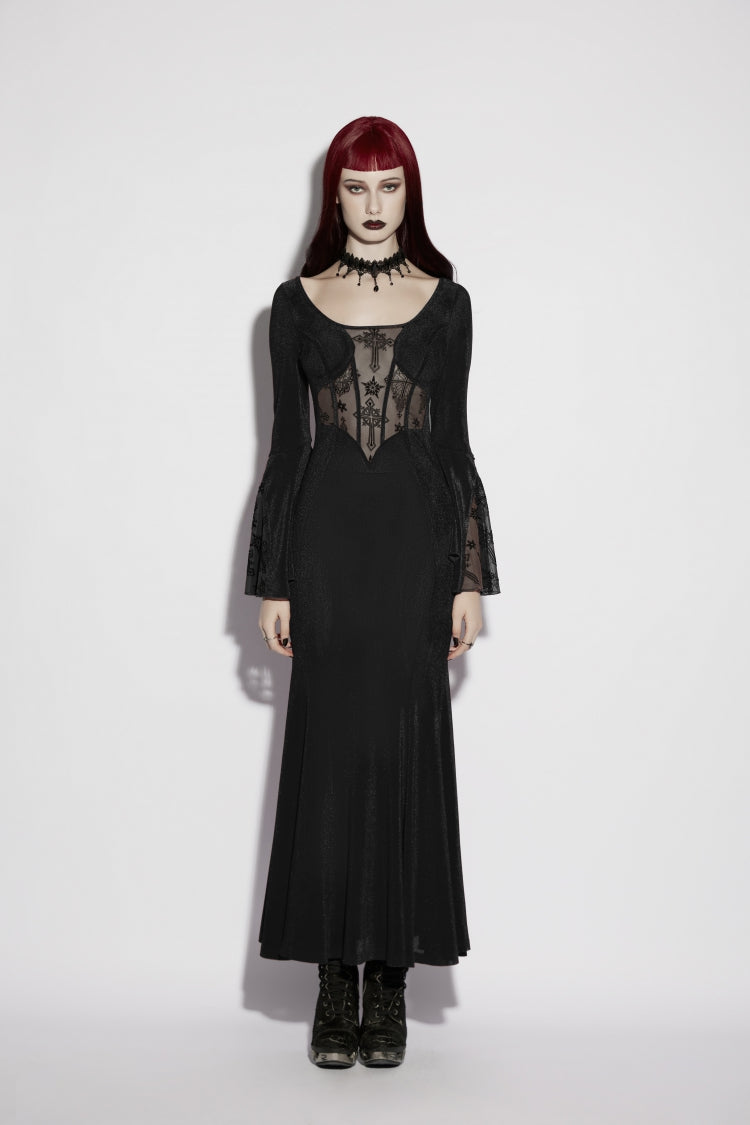 Black Round Collar Long Trumpet Sleeves Spliced Lace Lace-Up Slim Mesh Eyelet Women's Gothic Gorgeous Dress Graduation Dress - Product - 2