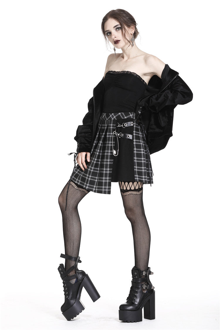 Black/White Irregular Plaid Pleated Women's Punk Hem Skirt - Product - 5