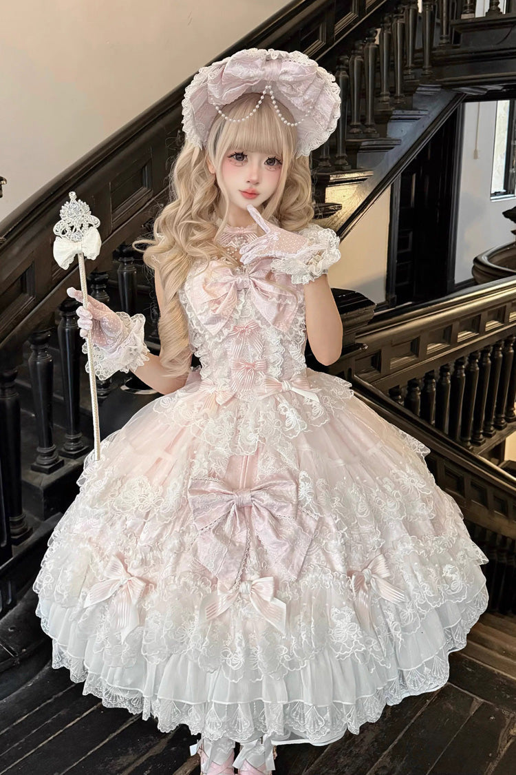 Pink [Sakura Dream Romance] Sleeveless Multi-Layered Ruffled Hanayome Bow Lace Sweet Princess Lolita Jsk Dress - Product - 2