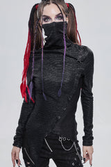 Black Punk High Neck Compressed Stretch Fabric Irregular Pointed Hem Pleated Women's Shirt - Black - 1