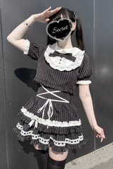 Black [Starry Tulle] Doll Collar Short Sleeves Double-Layered Striped Printed Ruffled Bow Gothic Jirai Kei Japanese Skirt Set - Product - 2