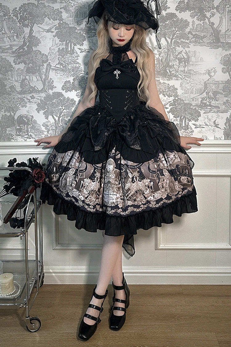 Black [The Mystery of The Doll] Halterneck Print Ruffle Bowknot Drawstring Gothic Lolita Dress - Black - 1