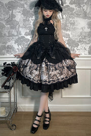 Black [The Mystery of The Doll] Halterneck Print Ruffle Bowknot Drawstring Gothic Lolita Dress - Black - 1