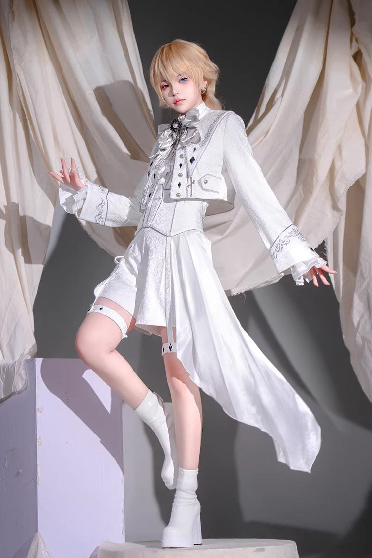 White [Silver-White Sacred Pact] Bow Asymmetric Gothic Prince Palace Ouji Lolita Shorts Coat Four-Piece Set - Product - 9
