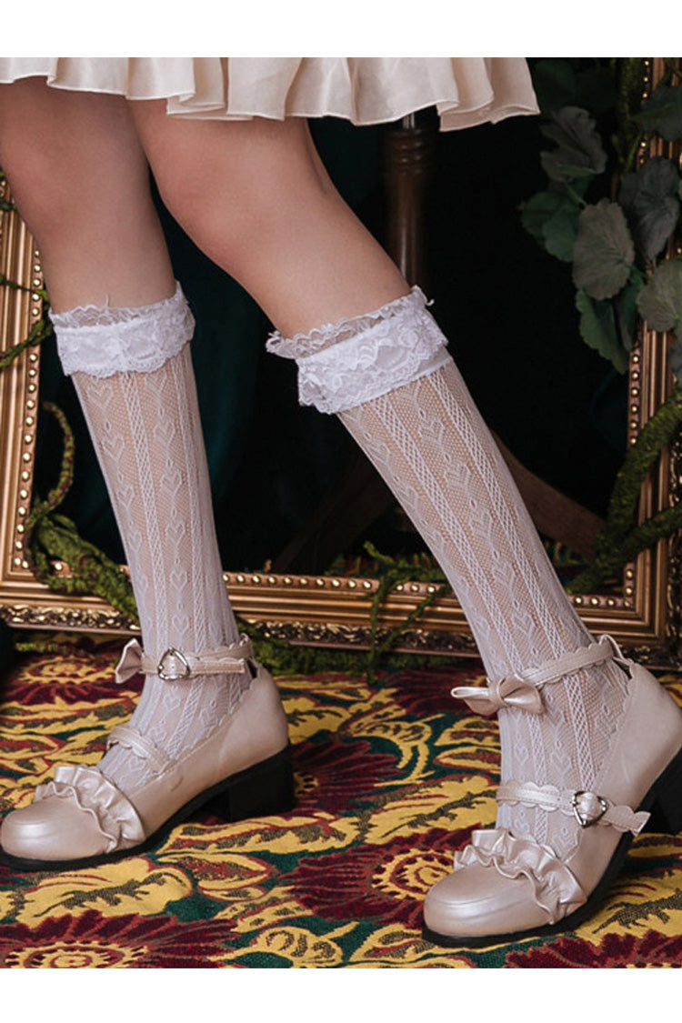 Love Heart Shape Lace Hollowed Out Middle Tube Lolita Socks - Product - 4