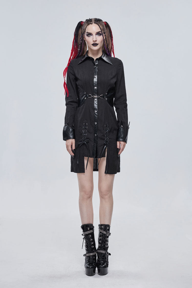 Black Vertical Suture Texture Leather Metal Buckle Design Decoration Long Women's Punk Shirt - Product - 4