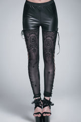 Black Side Hollow Out Lace Up Gothic Positioned Flower Flocking Mesh Legging - Black - 1