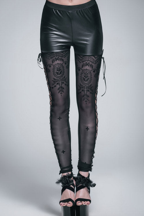 Black Side Hollow Out Lace Up Gothic Positioned Flower Flocking Mesh Legging - Black - 1