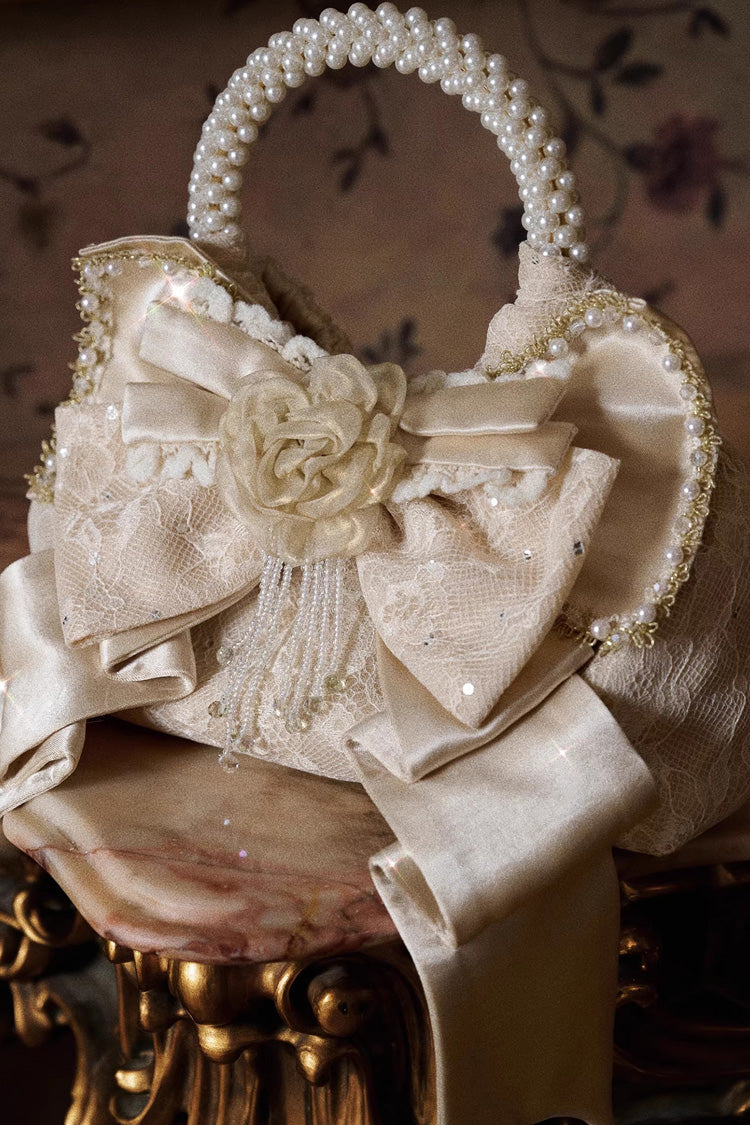 Champagne Satin Gilded 3D Bow Pearl-Decorated Sweet Lolita Handbag - Product - 3