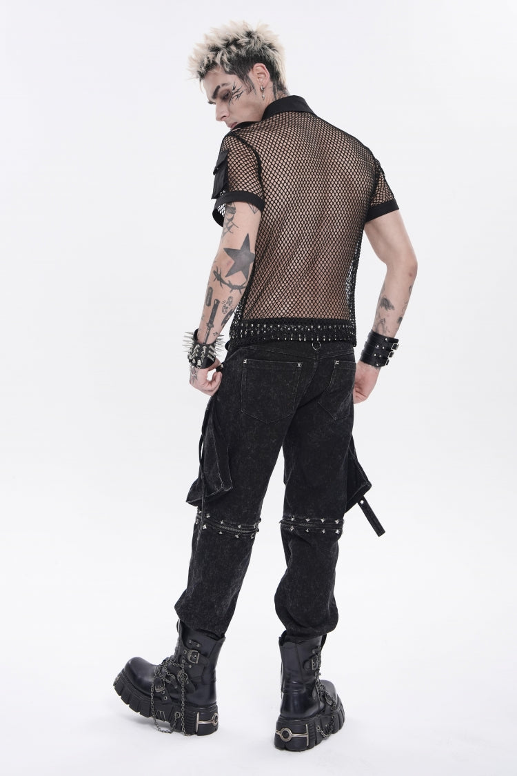 Black Spliced Detachable Studded Eyelet Men's Punk Cool Pants With Big Pockets - Product - 3