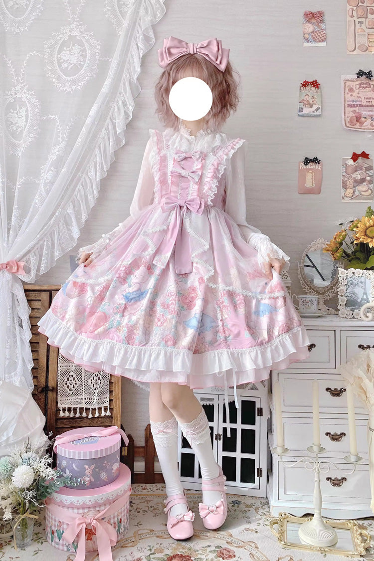 Pink Sleeveless High Waisted Rabbit Print Ruffle Bowknot Sweet Lolita Jsk Dress - Pink - 1