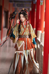 Multi-Color [Mountain and Sea Oath] Long Sleeves Print Ruffle Embroidery Classic Hanfu Set - Multi-Color - 1