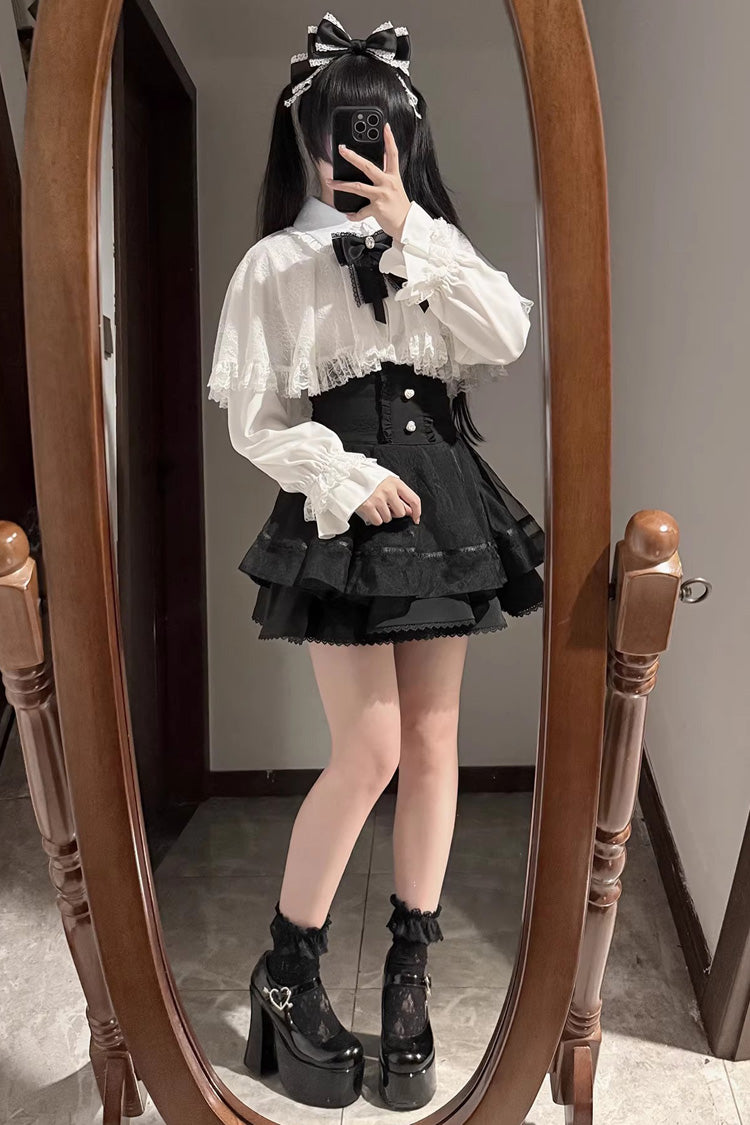 [Law of Disorder] Lapel Collar Long Sleeves Bow Lace Sweet Jirai Kei Skirt and Top 3 Colors - Product - 9