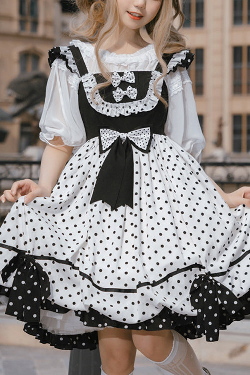 White/Black Polka Dot Ruffled Strap Sweet Lolita JSK Dress - White/Black - 1