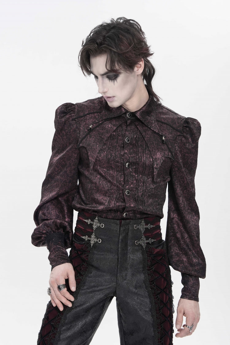 Red Lapel Collar Long Lantern Sleeves Jacquard Bow Men's Gothic Shirt - Product - 16