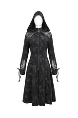 Black Faux Leather Splice With Hood Irregular Pattern Print Long Women's Punk Coat - Product - 7