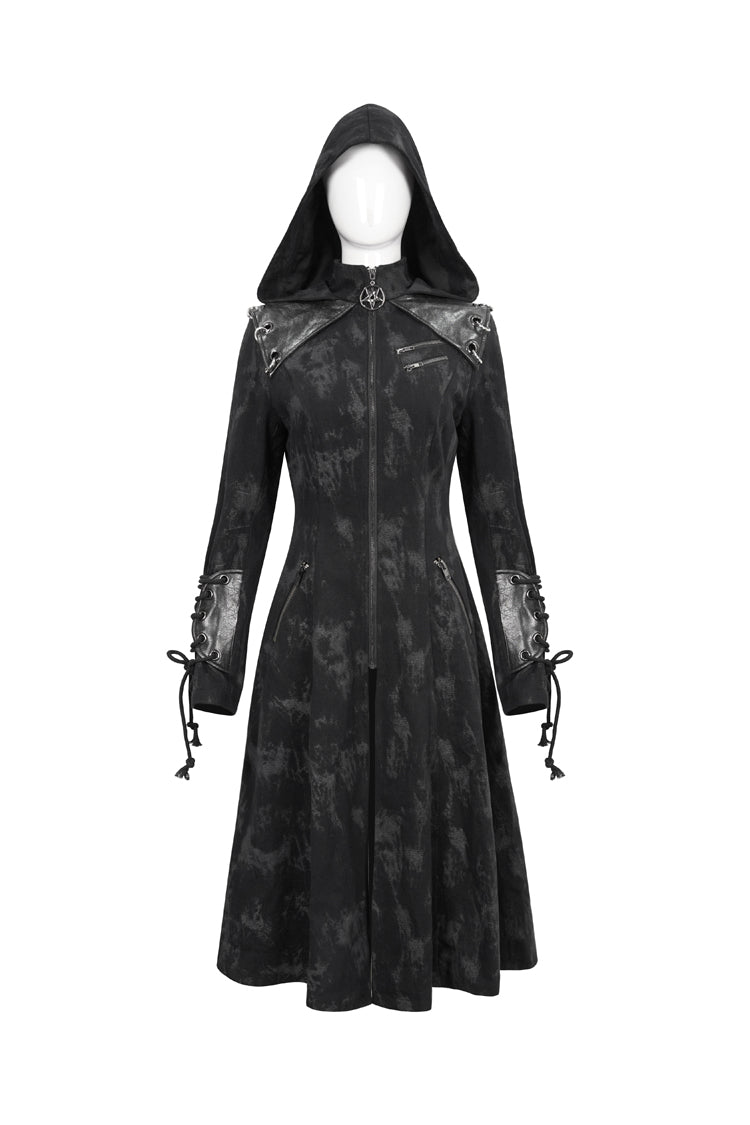 Black Faux Leather Splice With Hood Irregular Pattern Print Long Women's Punk Coat - Product - 7