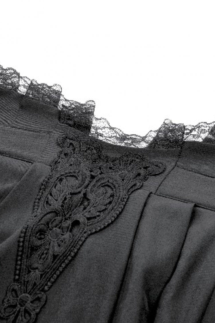 Black Embroidered Lace Trim Pleated Women's Gothic Maxi Skirt - Product - 10