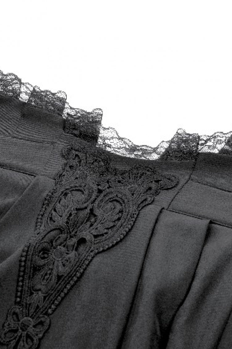 Black Embroidered Lace Trim Pleated Women's Gothic Maxi Skirt - Product - 10