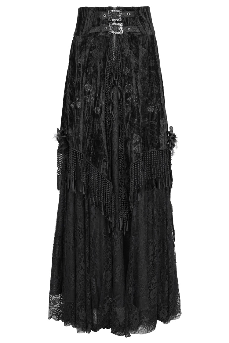 Black Print Embroidery Tassels Buckle-up Lace-Up Women's Gothic Long Skirt - Product - 3
