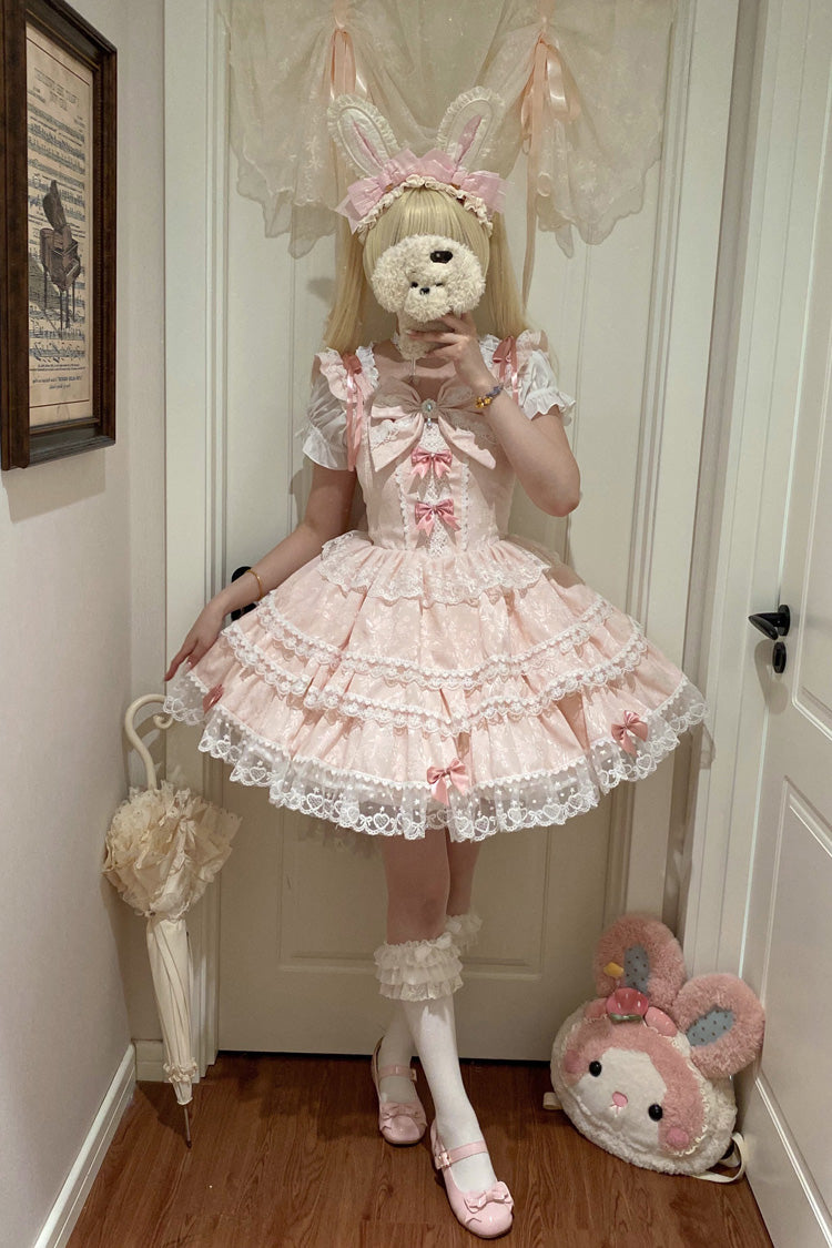 Pink [Sweet Mist Cherry Romance] Sleeveless Multi-Layered Hanayome Bow Lace Lolita Jsk Dress - Product - 4