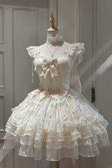 Ivory [First Love] Multi-Layered Ruffle Bowknot Lace-Up Sweet Elegant Princess Lolita Jsk Dress - Ivory - 1
