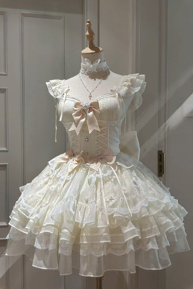 Ivory [First Love] Multi-Layered Ruffle Bowknot Lace-Up Sweet Elegant Princess Lolita Jsk Dress - Ivory - 1