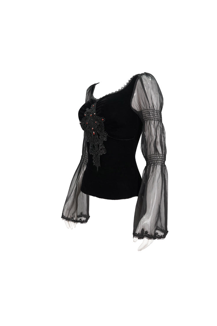 Black Velvet Paneled Chiffon Long Sleeves Chest Applique With Blood Red Diamonds Women's Gothic T-Shirt - Product - 9